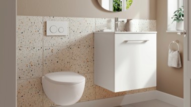 Small Geberit Selnova bathroom with wall-hung WC and washplace