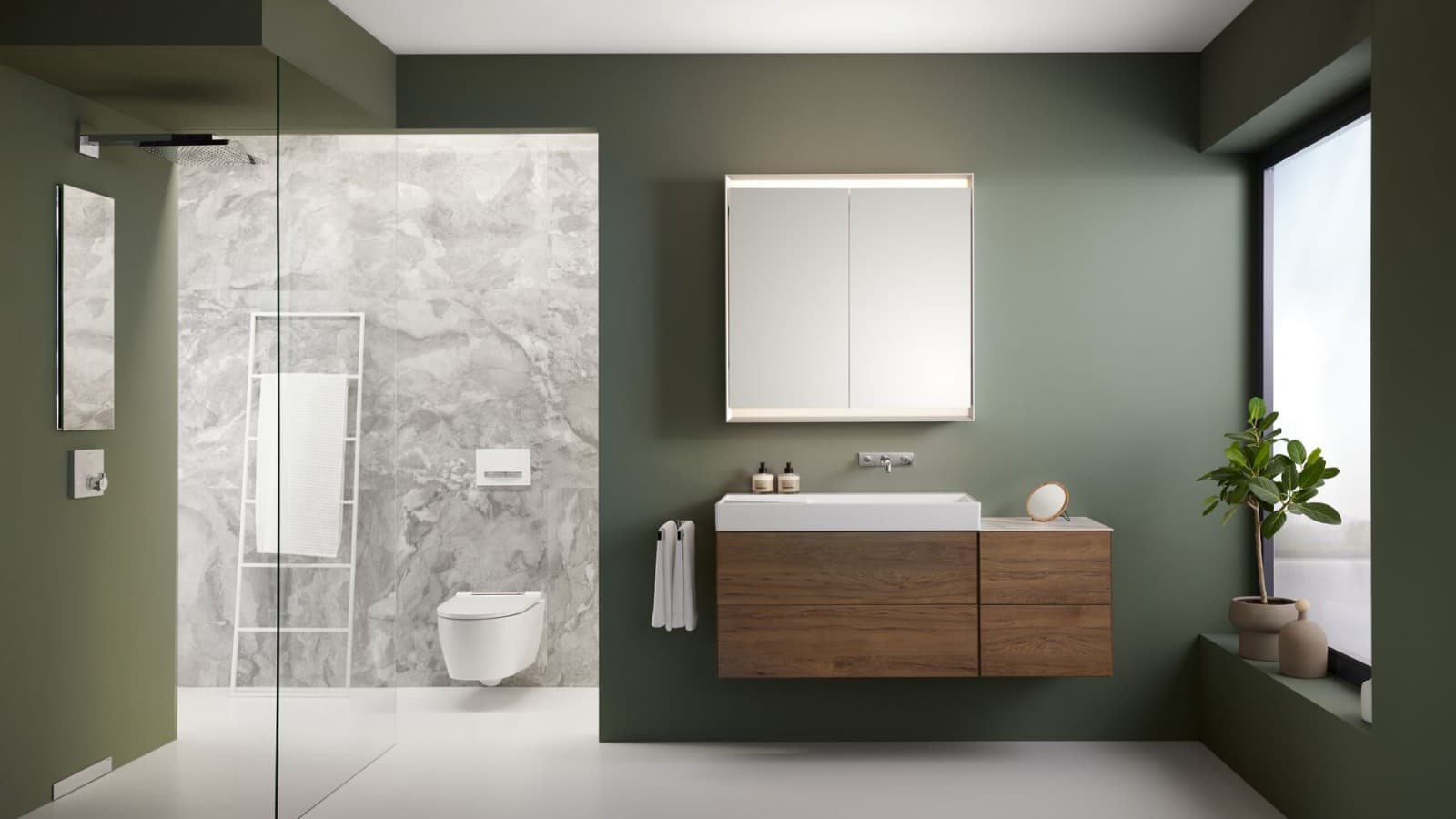 Geberit ONE bathroom with Geberit walk-in shower panel and niche storage box Geberit ONE bathroom with Geberit walk-in shower panel and niche storage box