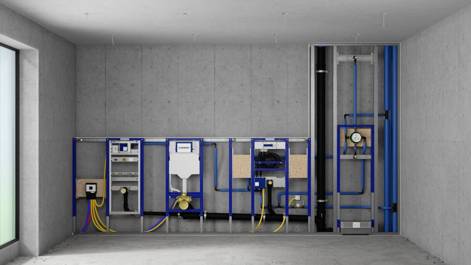 Installation wall with Geberit Duofix elements for urinal, WC, washbasin and shower Installation wall with Geberit Duofix elements for urinal, WC, washbasin and shower